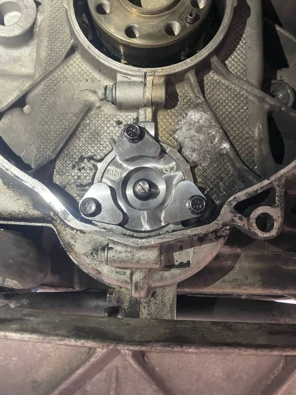 Rear of M96 engine in Porsche 911 with new IMS bearing and retainer installed.